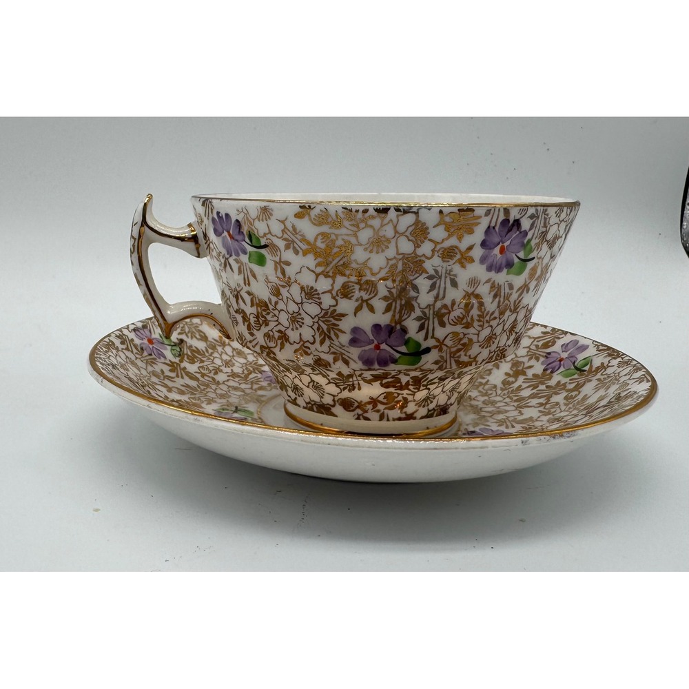 Phoenix Bone China Teacup and Saucer Gold Floral Purple Flower Trimmed